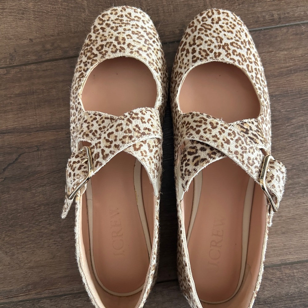 J.Crew Leopard Calf Hair Mary Jane Ballet Flats Buckle Strap Size 8.5